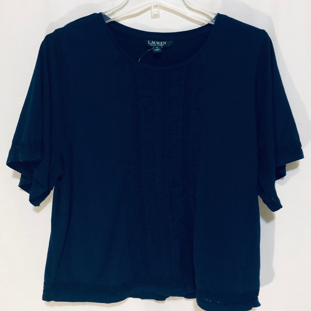 Ralph Lauren Short Sleeve Navy Top w/crochet Hem
